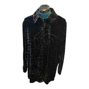 Vintage 90s Black Burnout Velvet Button Up Tunic Script Witchy Goth Boho 14/16